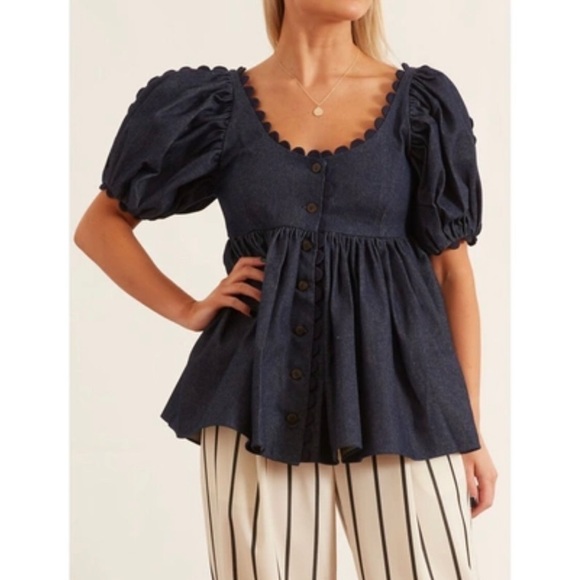 Kika Vargas Tops - Kika Vargas Blue/Black Blouse with Scalloped Neck Size Various NWT